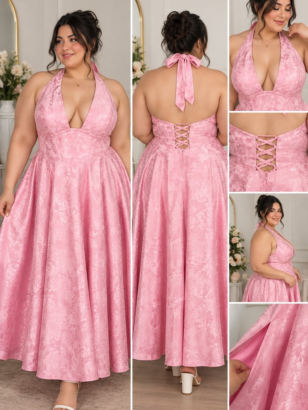 Plus Size Halter Special Occation Dress in Pink Halter Gown
